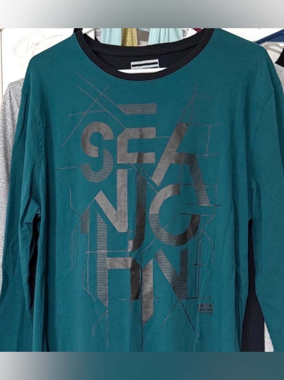 Mens Long Sleeve T Shirt Size L Green Black Logo Sean John Crewneck Cotton